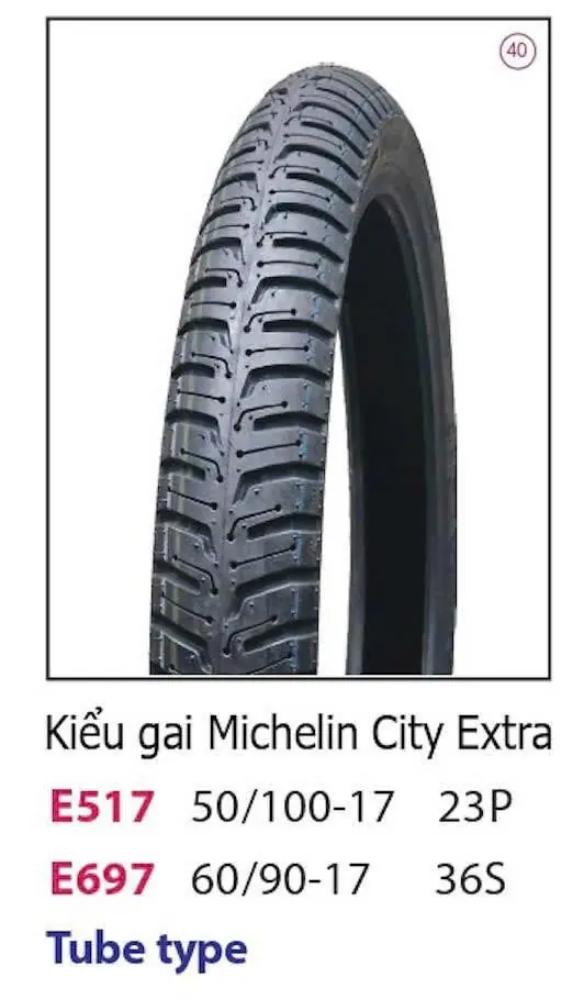 Vỏ Xe Máy Tube Type E517/E697 – Gai Michelin City Extra, Bám Đường Tốt, Bền Bỉ